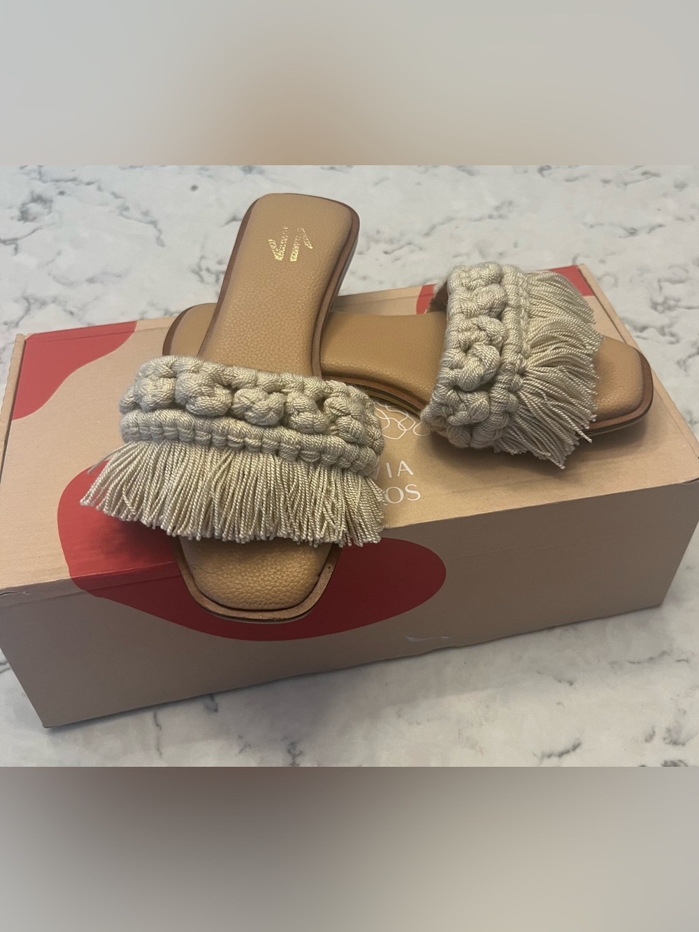 Silvia Cobos Fringed Braided Slide Sandals in Cream